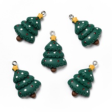 Honeyhandy Opaque Resin Pendants, with Platinum Tone Iron Loops, Christams Tree, Dark Green, 32.5x20x5mm, Hole: 2mm