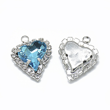 Honeyhandy Glass Rhinestone Pendants, with Platinum Tone Brass Findings, Heart, Aquamarine, 21x16.5x6mm, Hole: 2mm