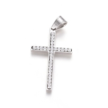 Honeyhandy 304 Stainless Steel Pendants, with Crystal Rhinestone, Cross, Stainless Steel Color, 43.5x25.5x3.5mm, Hole: 5x7.5mm