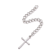 Honeyhandy 304 Stainless Steel Chain Extender, Curb Chain, with 202 Stainless Steel Charms, Cross, Stainless Steel Color, 68~70mm, Link: 3.7x3x0.5mm, Cross: 16x9.5x0.6mm