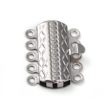 Honeyhandy 304 Stainless Steel Box Clasps, Multi-Strand Clasps, 5-Strands, 10-Holes, Rectangle with Flower, Stainless Steel Color, 19.5x14x3mm, Hole: 1.4mm