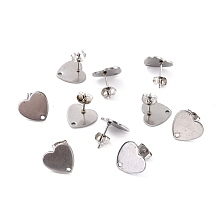 Honeyhandy 304 Stainless Steel Stud Earring Findings, with Ear Nuts, Heart, Stainless Steel Color, 12x13mm, Hole: 1.5mm, Pin: 0.7mm