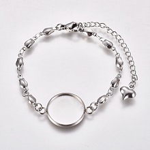 Honeyhandy Valentine's Day 304 Stainless Steel Bracelet Making, with Lobster Claw Clasps, Flower Link Chains and Flat Round Cabochon Settings, Stainless Steel Color, Tray: 16mm, 6 inch(15.3cm)