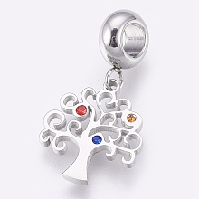 Honeyhandy 304 Stainless Steel European Dangle Charms, Large Hole Pendants, with Rhinestone, Tree, Stainless Steel Color, 25.5mm, Hole: 4mm, Pendant: 15.5x13.5x1mm