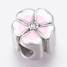 Honeyhandy 304 Stainless Steel European Beads, Large Hole Beads, with Enamel and Rhinestone, Flower, Pink, Stainless Steel Color, 11.5x8mm, Hole: 4mm