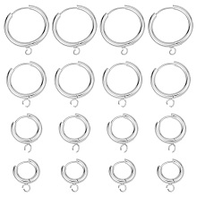 SUNNYCLUE 16Pcs 4 Sizes 201 Stainless Steel Huggie Hoop Earring Findings, with Horizontal Loop and 316 Surgical Stainless Steel Pin, Stainless Steel Color, 16~24x13.5~21x2.5mm, Hole: 2.5mm, Pin: 1mm, 4pcs/sizes