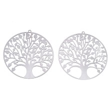 Honeyhandy 201 Stainless Steel Filigree Pendants, Etched Metal Embellishments, Flat Round with Tree of Life, Stainless Steel Color, 47x45x0.3mm, Hole: 1.4mm