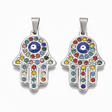 Honeyhandy 304 Stainless Steel Pendants, with Colorful Rhinestone,Iron Snap On Bails and Enamel, Hamsa Hand/Hand of Fatima/Hand of Miriam with Evil Eye, Stainless Steel Color, 38x25x4mm, Hole: 5x7mm