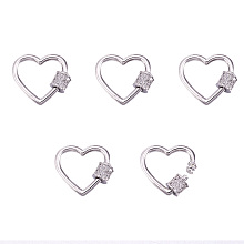 ARRICRAFT Brass Micro Pave Clear Cubic Zirconia Screw Carabiner Lock Charms, for Necklaces Making, Heart, Platinum, 17.5~18x20x5.5mm, Screw: 5x5.5mm