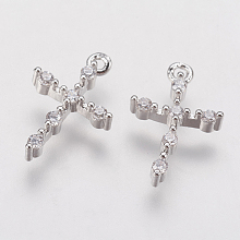 Honeyhandy Brass Micro Pave Cubic Zirconia Tiny Cross Charms, Platinum, 13.5x9x2.5mm, Hole: 1mm