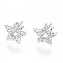 Honeyhandy Brass Stud Earring Findings, with Cubic Zirconia and Loop, Star, Clear, Platinum, 10.5x10mm, Hole: 1.2mm, Pin: 0.8mm