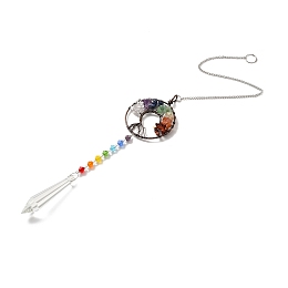 Honeyhandy Chakra Theme Gemstone Pendant Decoration, Hanging Suncatcher, with Brass Rings, Flat Round Alloy Frame and Iron Findings, Bullet, Colorful, 435x2mm, Hole: 10mm