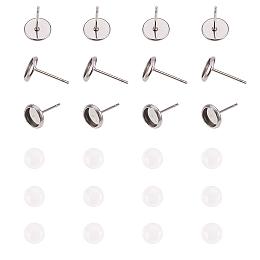 PandaHall Elite 50 pcs 6mm Flat Round Stainless Steel Stud Earring Cabochon Setting Post Cup with 50pcs 6mm Clear Glass Cabochons for Earring DIY Jewelry Craft Making