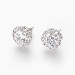 Honeyhandy Cubic Zirconia Stud Earrings, with Brass Findings, Oval, Clear, Platinum, 12x12x7mm, Pin: 0.8mm