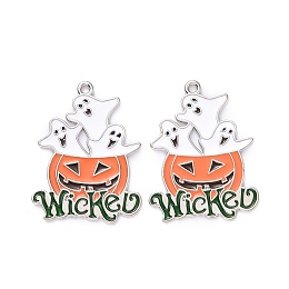 Honeyhandy Halloween Alloy Enamel Pendant, Pumpkin Jack-O'-Lantern with Ghost, Platinum, 28.5x22x1mm, Hole: 1.4mm