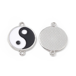 Honeyhandy Alloy Connector Charms, with Enamel, Flat Round Links with Yin Yang Pattern, Black & White, Platinum, 24x18x1.5mm, Hole: 1.8mm