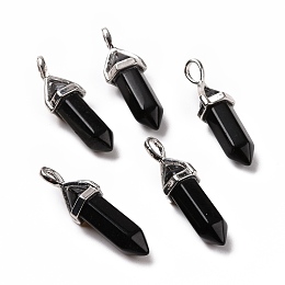 Honeyhandy Natural Obsidian Pendants, Faceted, with Platinum Tone Brass Findings, Lead free & Cadmium Free, Bullet, 27~30x9~10x7~8mm, Hole: 4x3mm