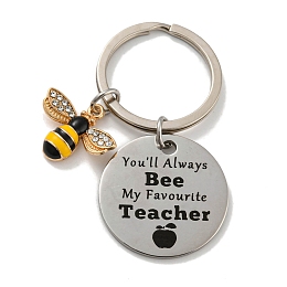 Honeyhandy Teacher's Day Gift 201 Stainless Steel Flat Round with Word Keychains, with Bee Alloy Enamel Charm and Iron Key Rings, Stainless Steel Color, 6cm