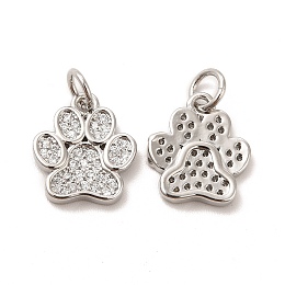 Honeyhandy Rack Plating Brass Micro Pave Cubic Zirconia Charms, Dog Paw Print Charm, with Jump Ring, Long-Lasting Plated, Lead Free & Cadmium Free, Platinum, 13x11x2mm, Hole: 3mm