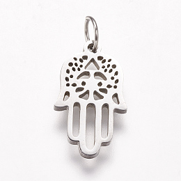 Honeyhandy 316 Surgical Stainless Steel Pendants, Hamsa Hand/Hand of Fatima/Hand of Miriam, Stainless Steel Color, 17x10x1.5mm, Hole: 3.5mm