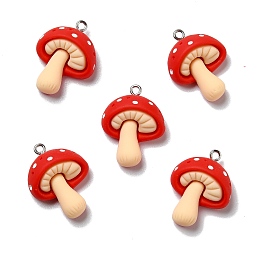 Honeyhandy Autumn Theme Opaque Resin Pendants, with Platinum Tone Iron Loops, Imitation Food, Mushroom, Red, 27.5x20.5x6mm, Hole: 2mm