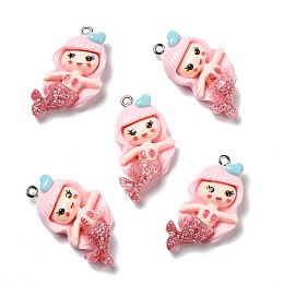 Honeyhandy Opaque Resin Pendants, with Glitter Powder and Platinum Tone Iron Loops, Mermaid, Pink, 34x18x6mm, Hole: 2mm