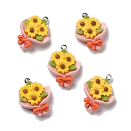 Honeyhandy Opaque Resin Pendants, with Platinum Tone Iron Loops, Sunflower, Gold, 27.5x21.5x6.5mm, Hole: 2mm