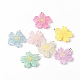 Honeyhandy Transparent Resin Pendants, with Platinum Tone Iron Loops and Glitter Powder, Flower Charms, Mixed Color, 29x27x5.5mm, Hole: 2mm