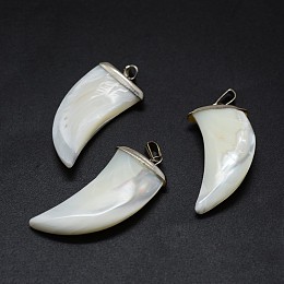 Honeyhandy Shell Pendants, with Brass Findings, Scabbard, Platinum, 35~36x15~16x3~5mm, Hole: 2x5mm