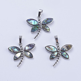 Honeyhandy Abalone Shell/Paua Shell Pendants, with Platinum Tone Brass Bail, Dragonfly, 28x29x4mm, Hole: 5x8mm