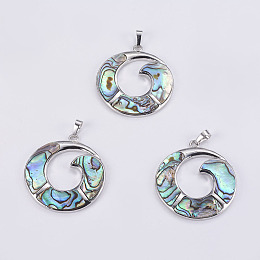 Honeyhandy Abalone Shell/Paua Shell Pendants, with Platinum Tone Brass Bail, Flat Round, 43.5x39.5x3.5~4mm, Hole: 5x8mm