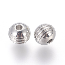 Honeyhandy 304 Stainless Steel Beads, Grooved Round, Stainless Steel Color, 8x7mm, Hole: 2mm