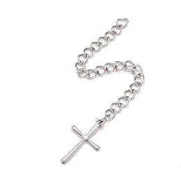 Honeyhandy 304 Stainless Steel Chain Extender, Curb Chain, with 202 Stainless Steel Charms, Cross, Stainless Steel Color, 68~70mm, Link: 3.7x3x0.5mm, Cross: 16x9.5x0.6mm