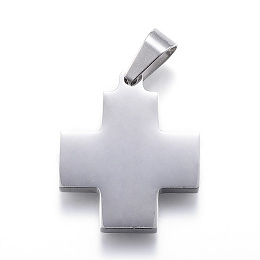 Honeyhandy 304 Stainless Steel Pendants, with 201 Stainless Steel Snap on Bails, Cross, Stainless Steel Color, 29x25x3.5mm, Hole: 5.5x10mm