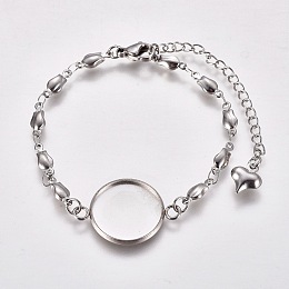 Honeyhandy Valentine's Day 304 Stainless Steel Bracelet Making, with Lobster Claw Clasps, Flower Link Chains and Flat Round Cabochon Settings, Stainless Steel Color, Tray: 16mm, 6 inch(15.3cm)