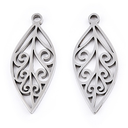 Honeyhandy 304 Stainless Steel Pendants, Laser Cut, Leaf Charm, Stainless Steel Color, 25x10.5x1.5mm, Hole: 1.6mm