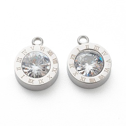 Honeyhandy 304 Stainless Steel Rhinestone Charms, Flat Round with Roman Numerals, Crystal, Stainless Steel Color, 14x11x4.5mm, Hole: 1.8mm