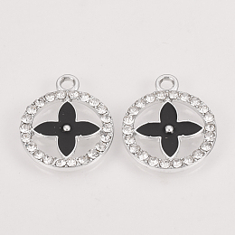 Honeyhandy Alloy Enamel Pendants, with Rhinestones, Flat Round with Flower, Platinum, Black, 22x18x2mm, Hole: 2.5mm