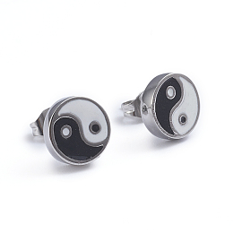 Honeyhandy Feng Shui 304 Stainless Steel Stud Earrings, with Enamel and Ear Nuts, Yin Yang, Stainless Steel Color, 9.7mm, Pin: 0.6mm