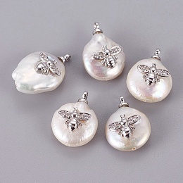 Honeyhandy Natural Cultured Freshwater Pearl Pendants, with Brass Cubic Zirconia Cabochons, Long-Lasting Plated, Nuggets with Bees, Real Platinum Plated, 14~18x20~29x5~8mm, Hole: 1.4mm