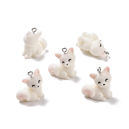 Honeyhandy Opaque Resin Pendants, with Platinum Tone Iron Loops, Fox Charm, White, 24.5x21.5x13mm, Hole: 2mm