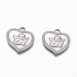 Honeyhandy 304 Stainless Steel Angel Pendants, Heart with Cupid/Cherub, Stainless Steel Color, 15x15x2mm, Hole: 1.6mm