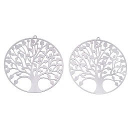 Honeyhandy 201 Stainless Steel Filigree Pendants, Etched Metal Embellishments, Flat Round with Tree of Life, Stainless Steel Color, 47x45x0.3mm, Hole: 1.4mm