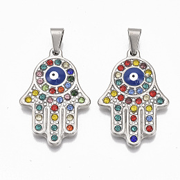 Honeyhandy 304 Stainless Steel Pendants, with Colorful Rhinestone,Iron Snap On Bails and Enamel, Hamsa Hand/Hand of Fatima/Hand of Miriam with Evil Eye, Stainless Steel Color, 38x25x4mm, Hole: 5x7mm