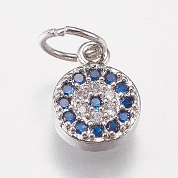 Honeyhandy Brass Micro Pave Cubic Zirconia Charms, Flat Round, Blue, Platinum, 9x6x2mm, Hole: 4mm