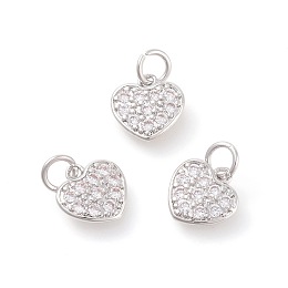 Honeyhandy Brass Micro Pave Cubic Zirconia Charms, Heart, Clear, Platinum, 10x10x1.8mm, Hole: 3mm