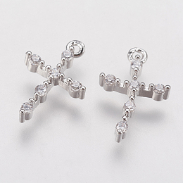 Honeyhandy Brass Micro Pave Cubic Zirconia Tiny Cross Charms, Platinum, 13.5x9x2.5mm, Hole: 1mm