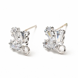 Honeyhandy Brass Micro Pave Clear Cubic Zirconia Stud Earring Findings, with Loop, Leaf, Platinum, 10.5x10mm, Hole: 1.8mm, Pin: 0.7mm