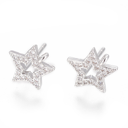 Honeyhandy Brass Stud Earring Findings, with Cubic Zirconia and Loop, Star, Clear, Platinum, 10.5x10mm, Hole: 1.2mm, Pin: 0.8mm