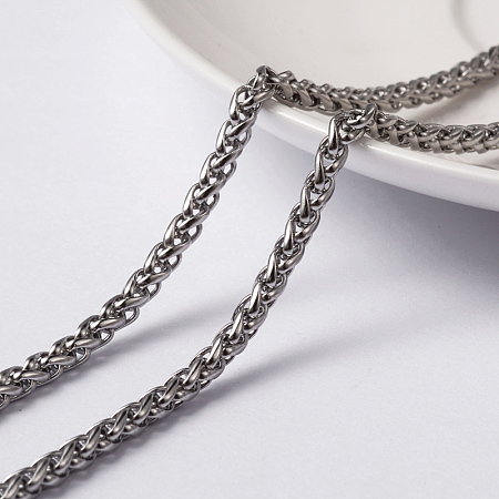 Honeyhandy 304 Stainless Steel Wheat Chains, Foxtail Chain, Unwelded, with Spool, Stainless Steel Color, 5x3x1mm, about 32.8 Feet(10m)/roll